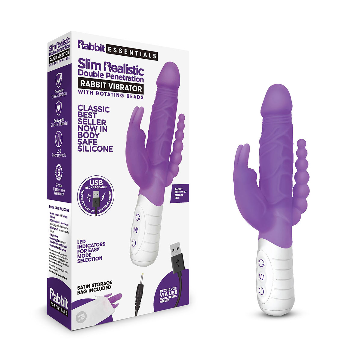 Rabbit Essentials Тонкий кролик-реалистик с двойным проникновением SLIM DOUBLE PENETRATION фиолетовый