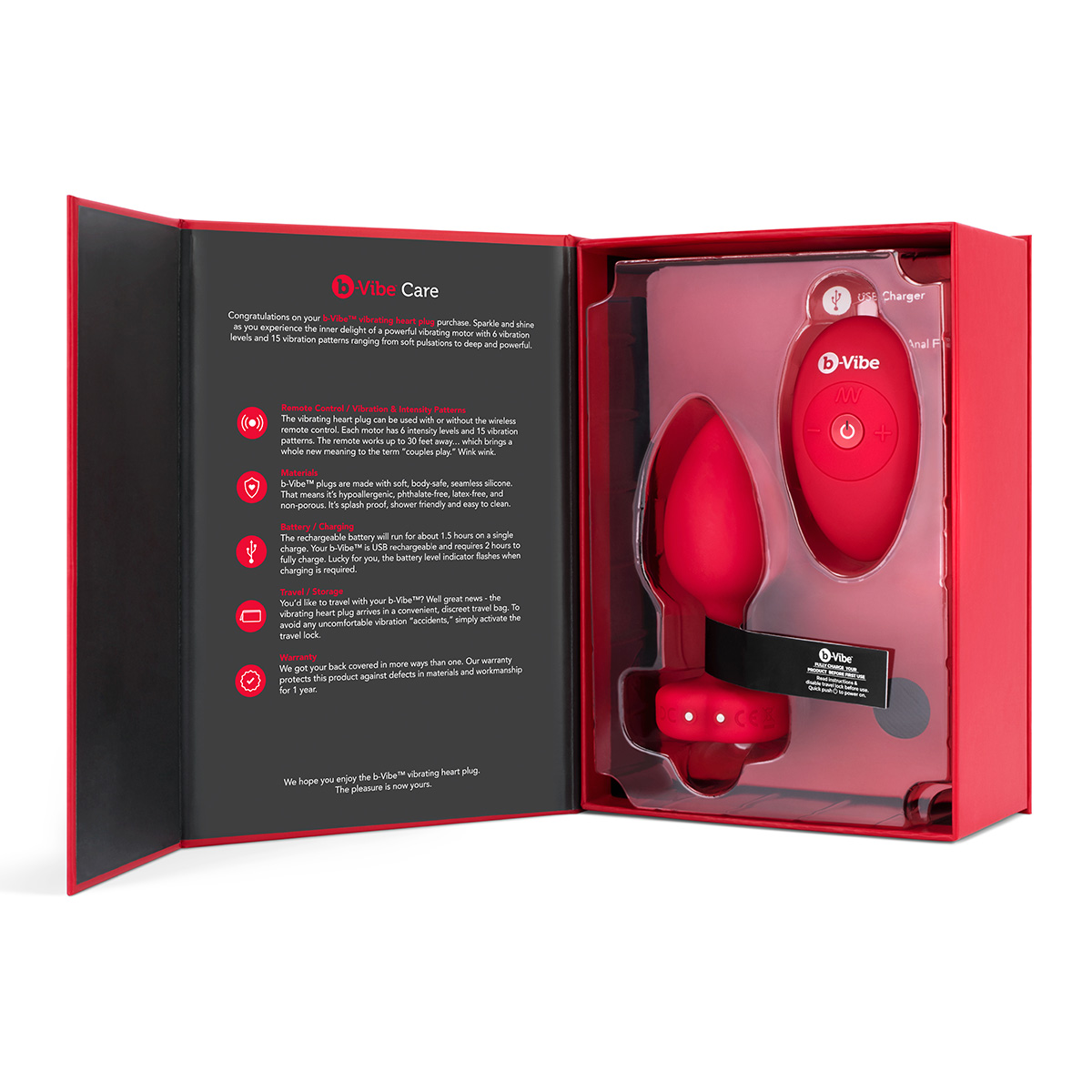 b-Vibe Анальный алый плаг с кристаллом-сердцем VIBRATING HEART SHAPE JEWEL PLUG M/L