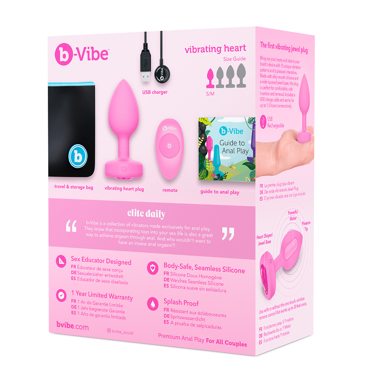 b-Vibe Анальный розовый плаг с кристаллом-сердцем VIBRATING HEART SHAPE JEWEL PLUG S/M
