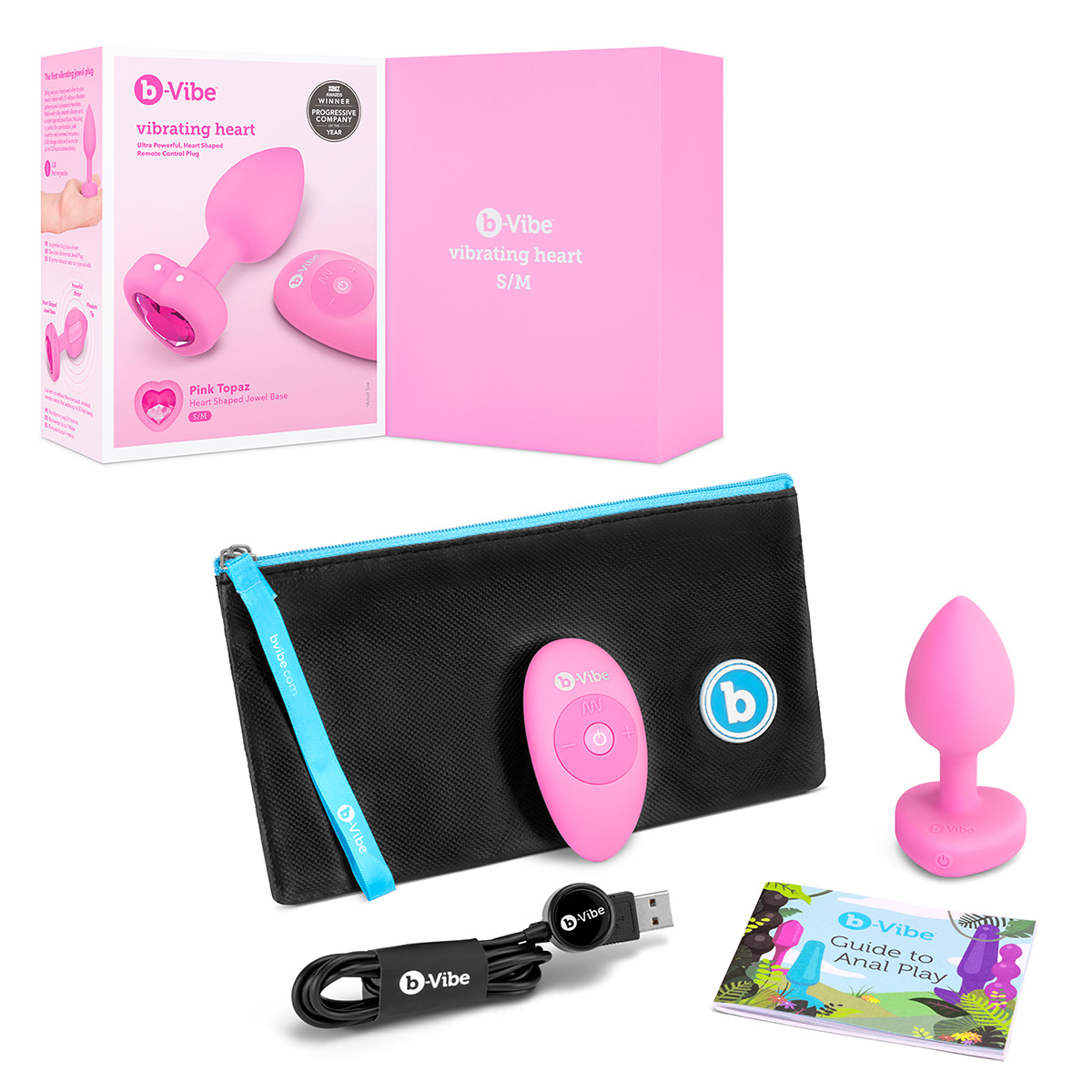 b-Vibe Анальный розовый плаг с кристаллом-сердцем VIBRATING HEART SHAPE JEWEL PLUG S/M