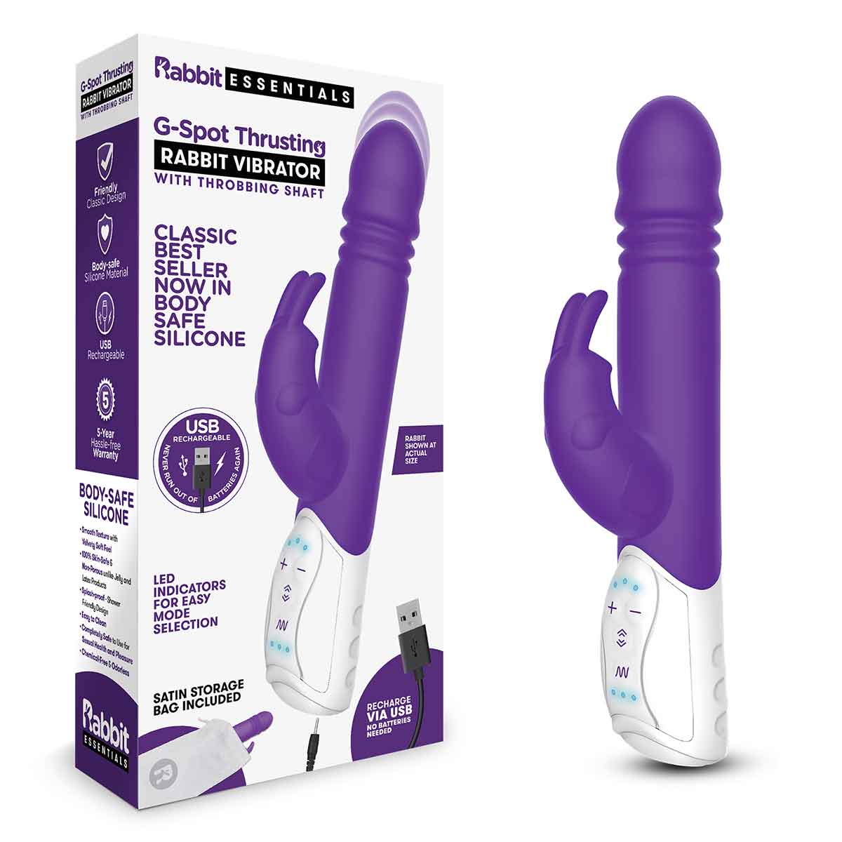 Rabbit Essentials Пульсирующий фиолетовый вибромассажер с двумя виброэлементами G-SPOT THRUSTING RABBIT