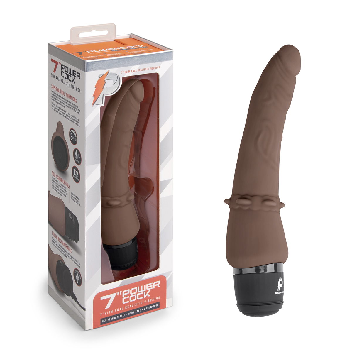 PowerCocks Тонкий анальный массажер 7" Slim Anal Realistic Vibrator шоколад