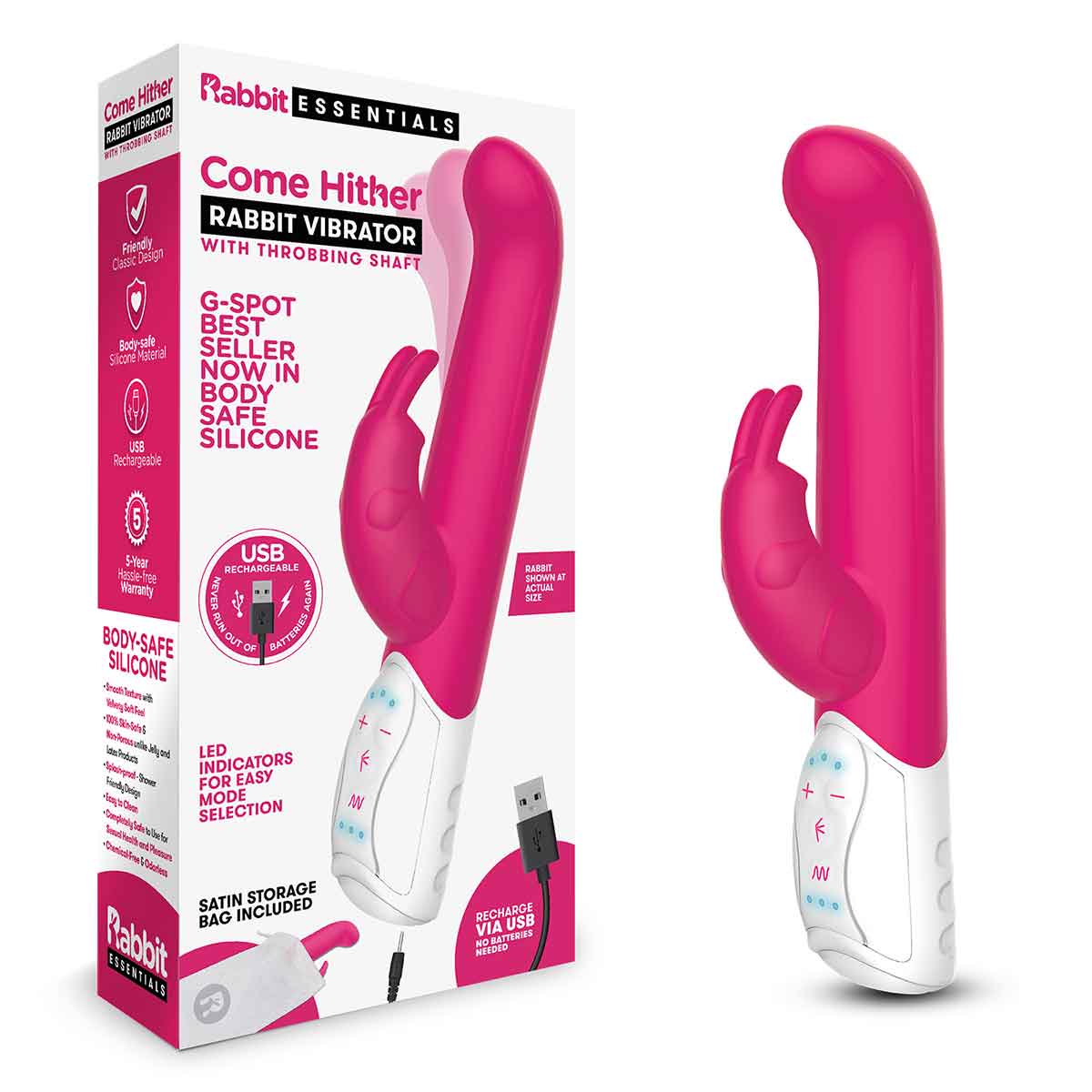 Rabbit Essentials Вибромассажер стимулирующий G-точку COME HITHER G-SPOT RABBIT розового цвета