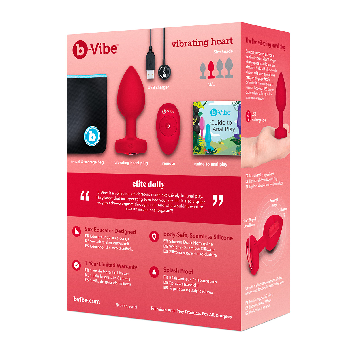 b-Vibe Анальный алый плаг с кристаллом-сердцем VIBRATING HEART SHAPE JEWEL PLUG M/L