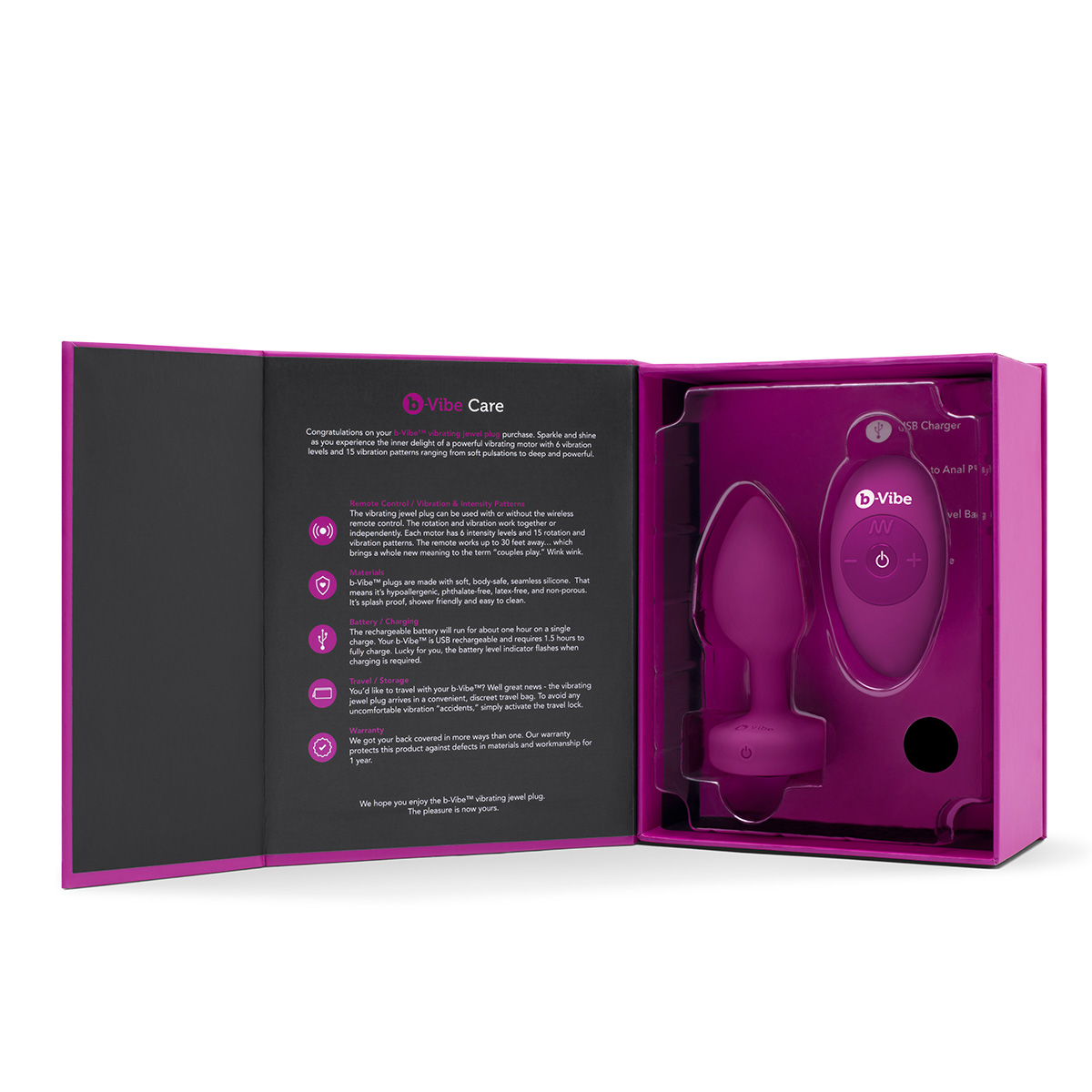 b-Vibe Вибрирующая втулка Vibrating Jewel Plug S/M цвета фуксии