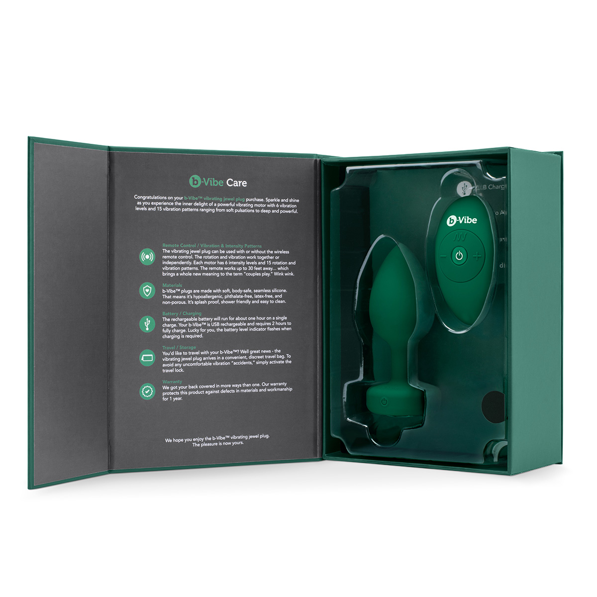b-Vibe Вибрирующая втулка Vibrating Jewel Plug M/L зеленого цвета