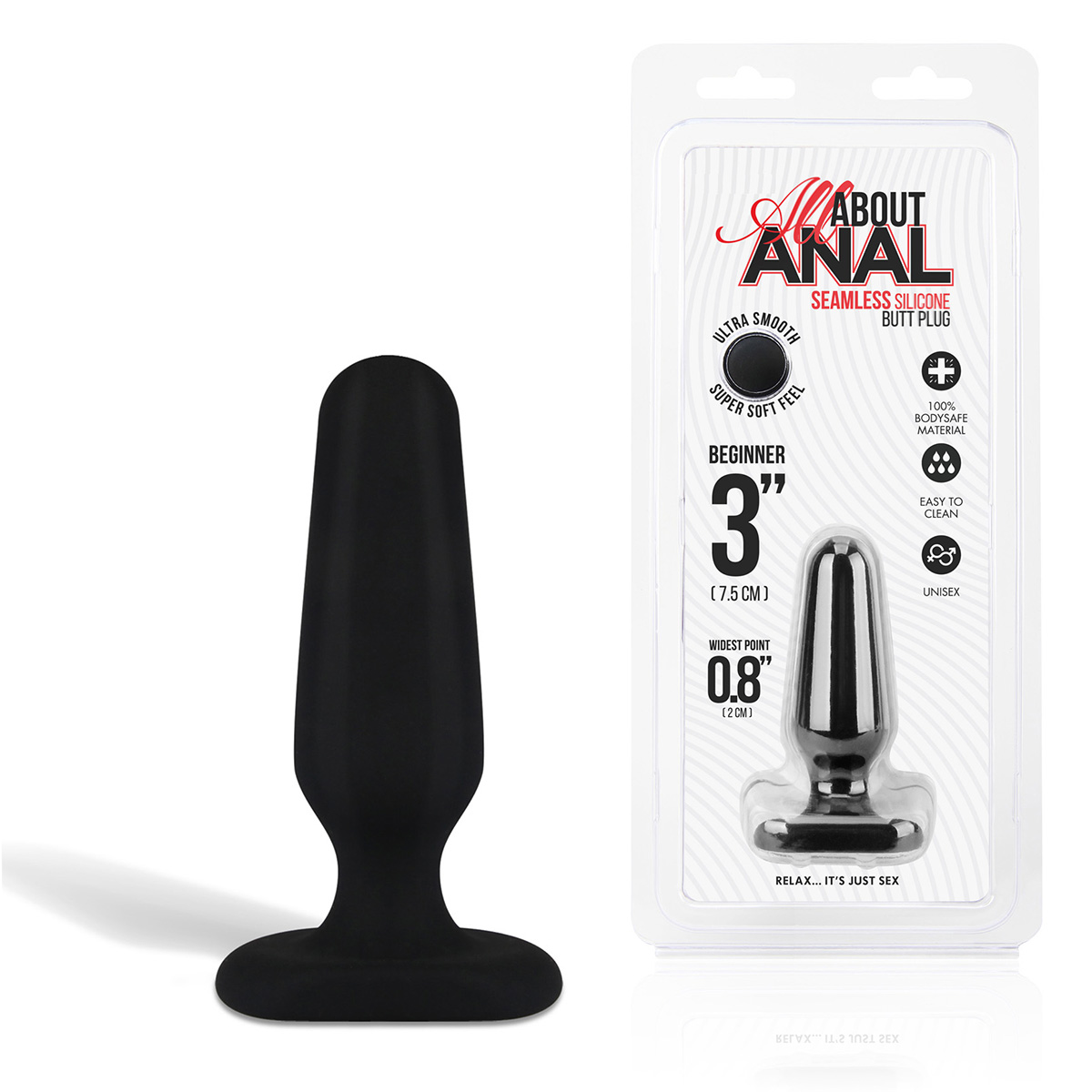 All about anal Миниатюрный черный плаг из силикона Seamless Silicone Butt Plug 3in
