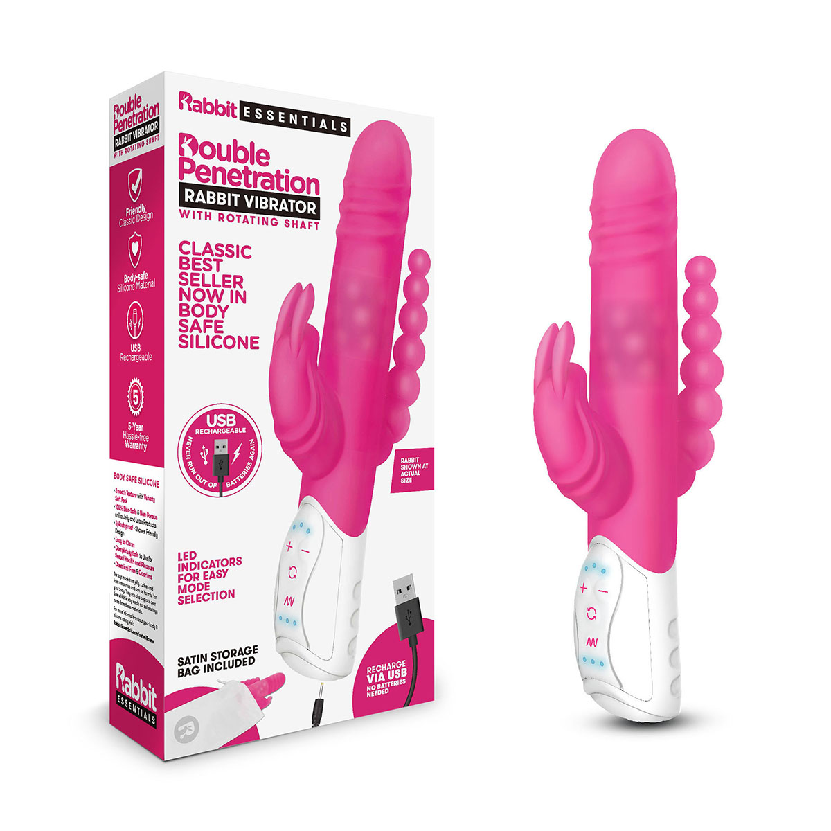 Rabbit Essentials Кролик-вибратор для двойного проникновения DOUBLE PENETRATION розовый