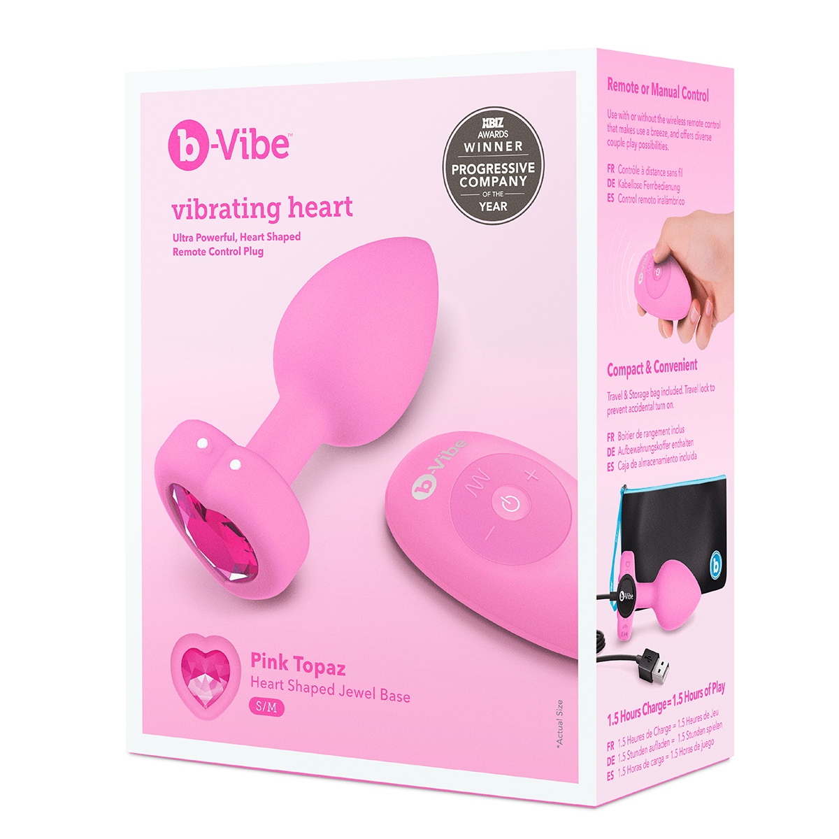 b-Vibe Анальный розовый плаг с кристаллом-сердцем VIBRATING HEART SHAPE JEWEL PLUG S/M