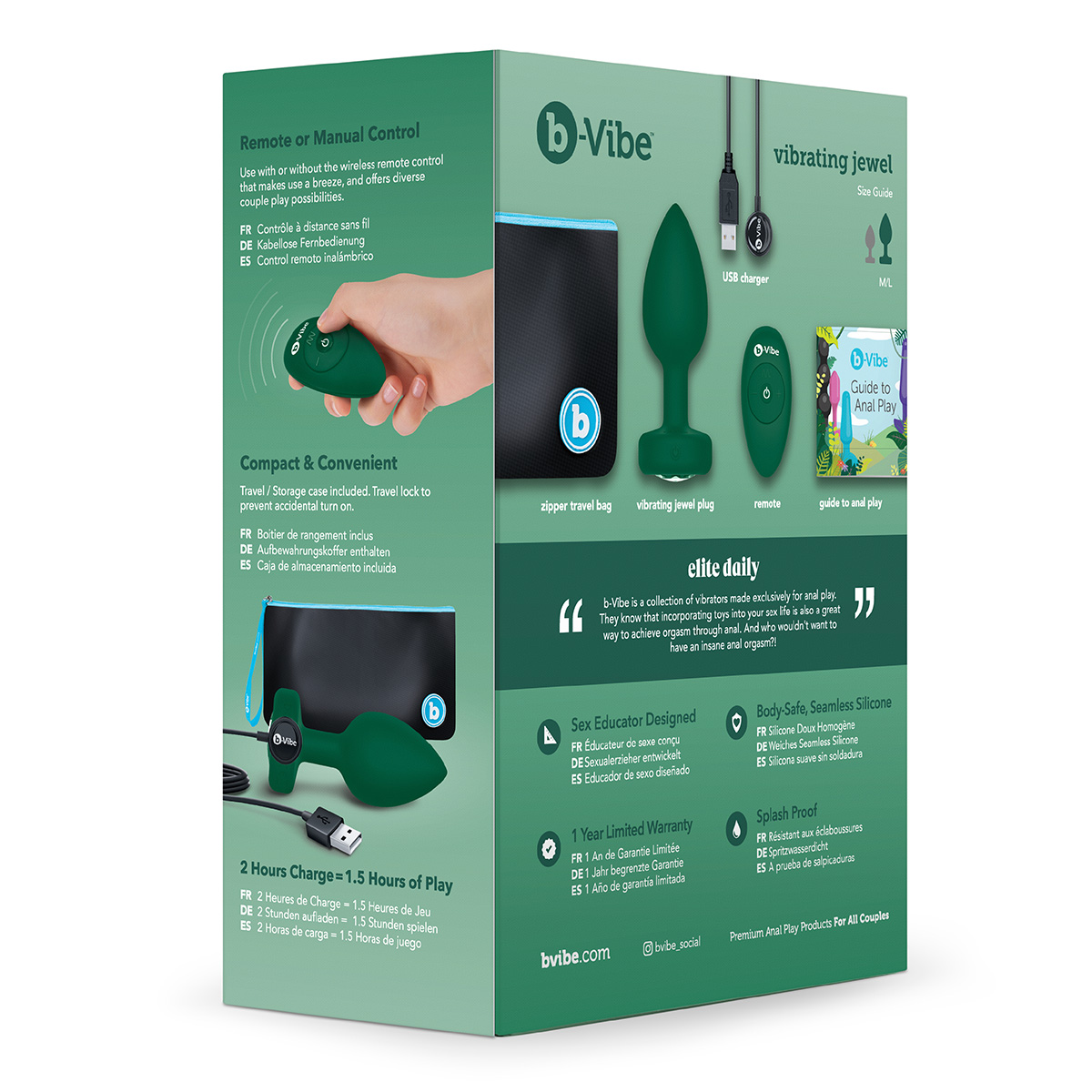 b-Vibe Вибрирующая втулка Vibrating Jewel Plug M/L зеленого цвета