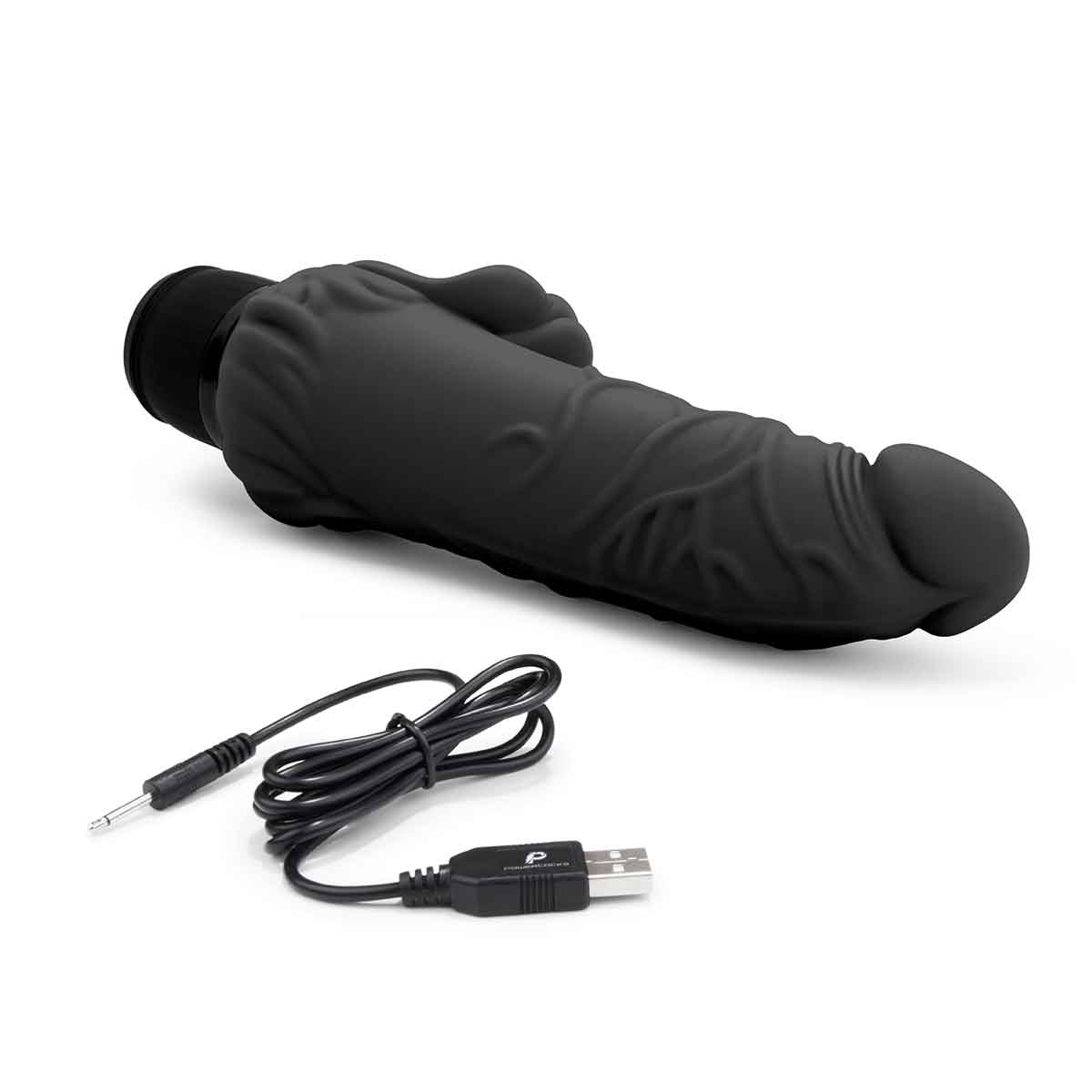 PowerCocks Реалистичный черный вибратор с клиторальным стимулятором 7" Realistic Vibrator