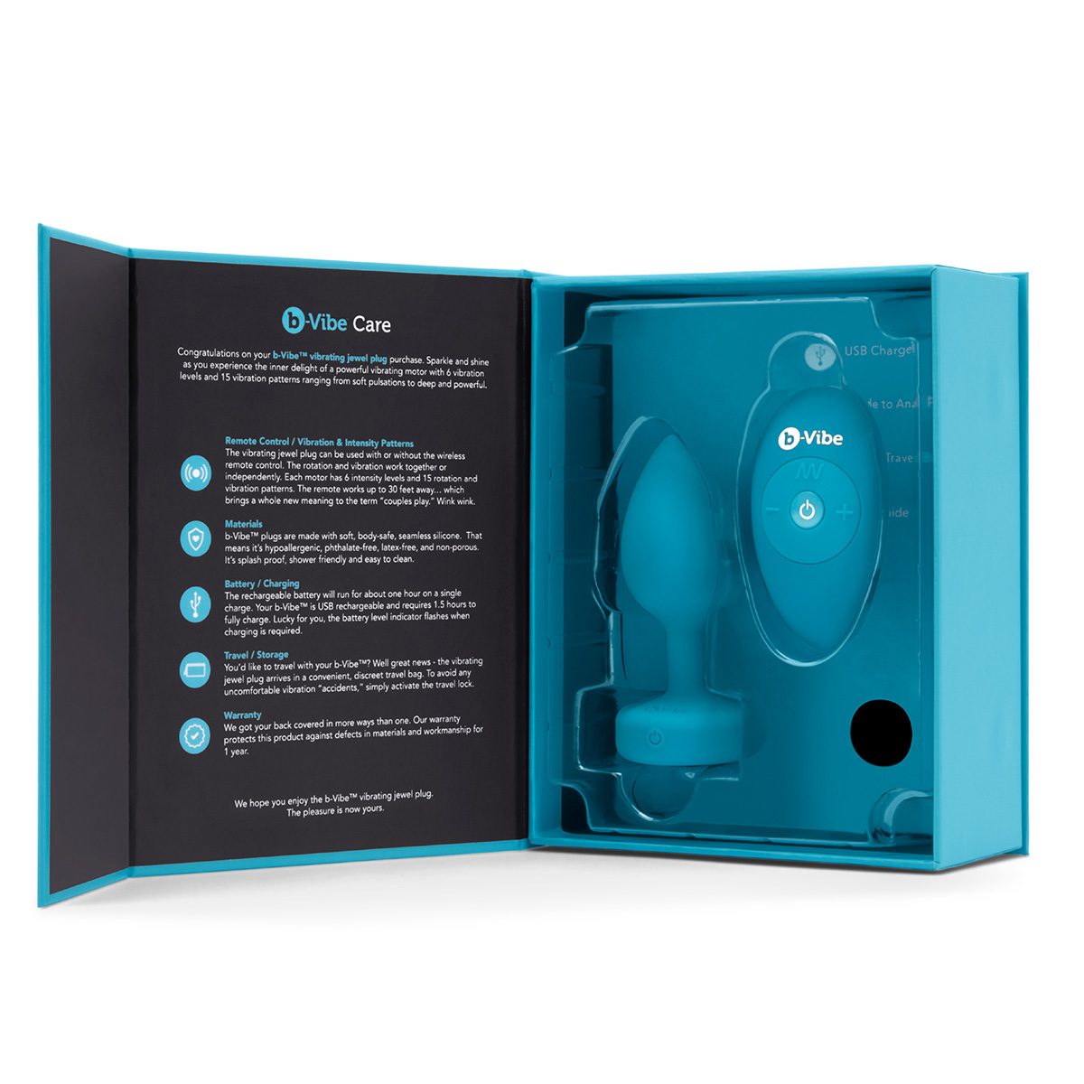 b-Vibe Вибрирующая втулка Vibrating Jewel Plug S/M бирюзового цвета