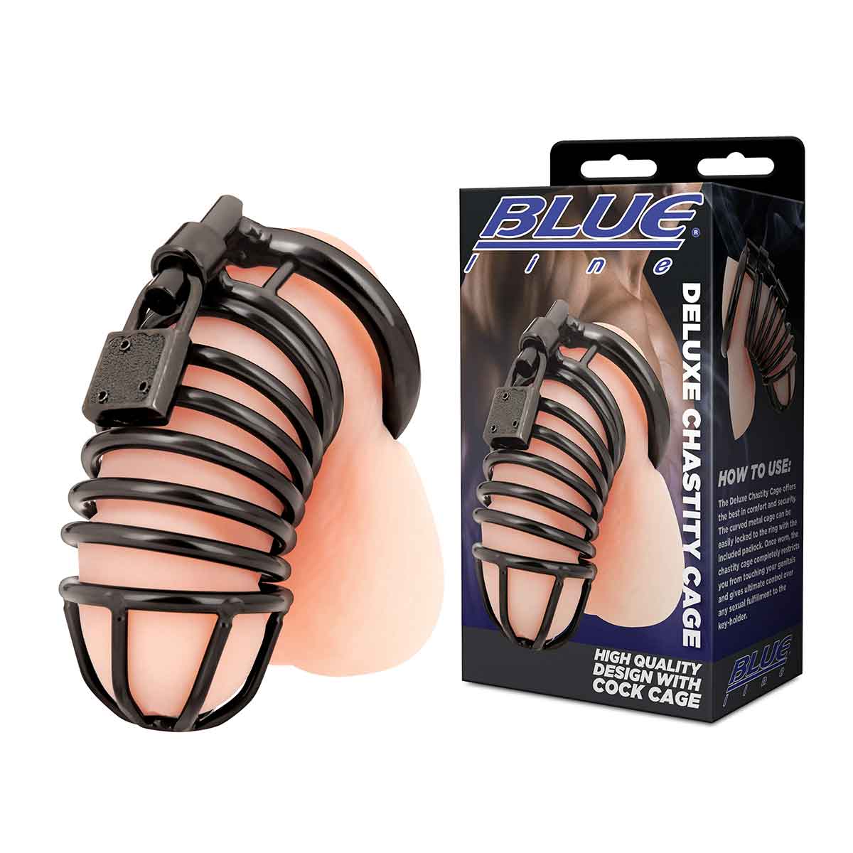BlueLine Металлическая черная клетка с замком для сексуальных пыток члена Deluxe Chastity Cage