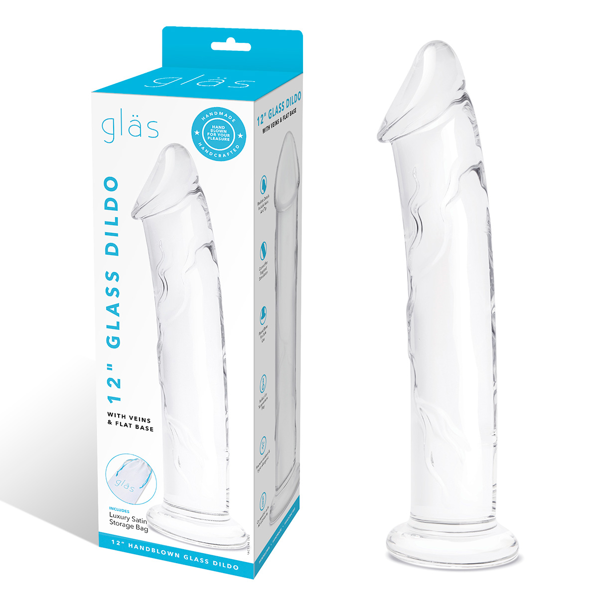 Glas Рельефный большой стимулятор из стекла 12 in Glass Dildo With Veins & Flat Base