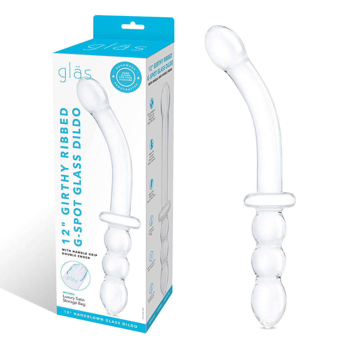 Glas Фаллоимитатор двусторонний 12 in Girthy Ribbed G-Spot Glass Dildo With Handle Grip Double Ended