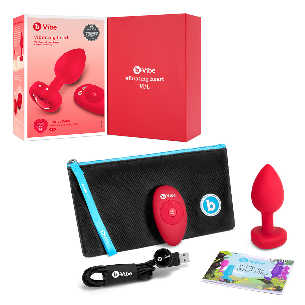 b-Vibe Анальный алый плаг с кристаллом-сердцем VIBRATING HEART SHAPE JEWEL PLUG M/L