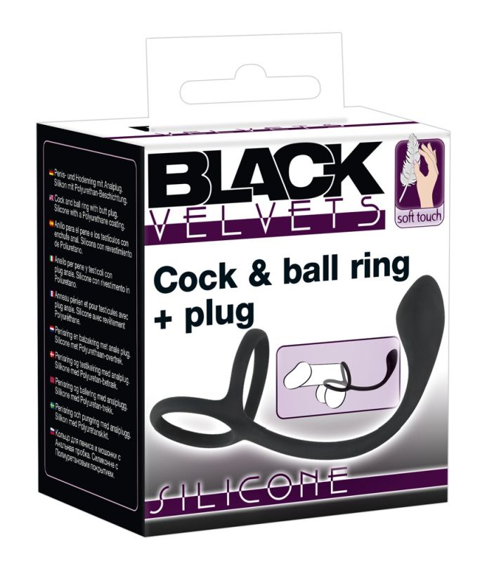 Эрекционное кольцо с утяжкой на мошонку + анальный плаг Black Velvets